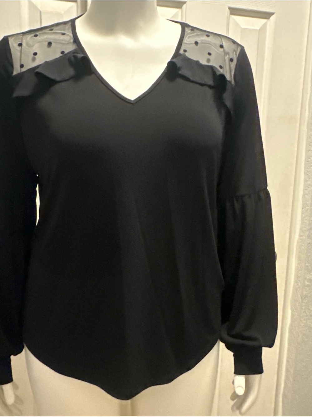 Adrianna Papell Black V-Neck Long Sleeve Top with Polka Dot Sheer Yoke